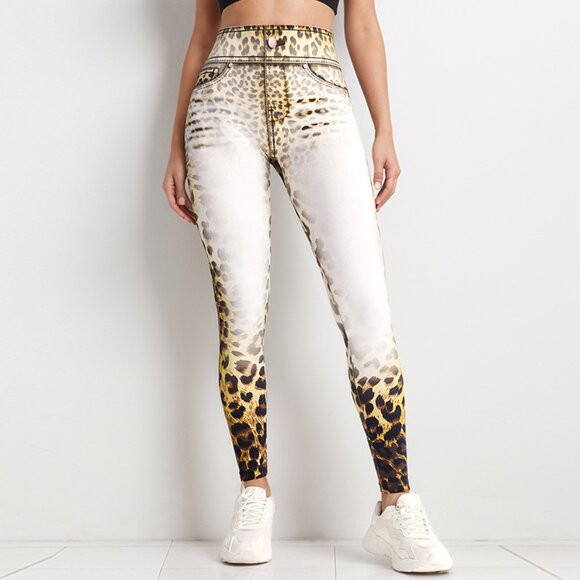 Seamless bleached leopard print high-waisted breathable yoga pants - Picture 1 of 6